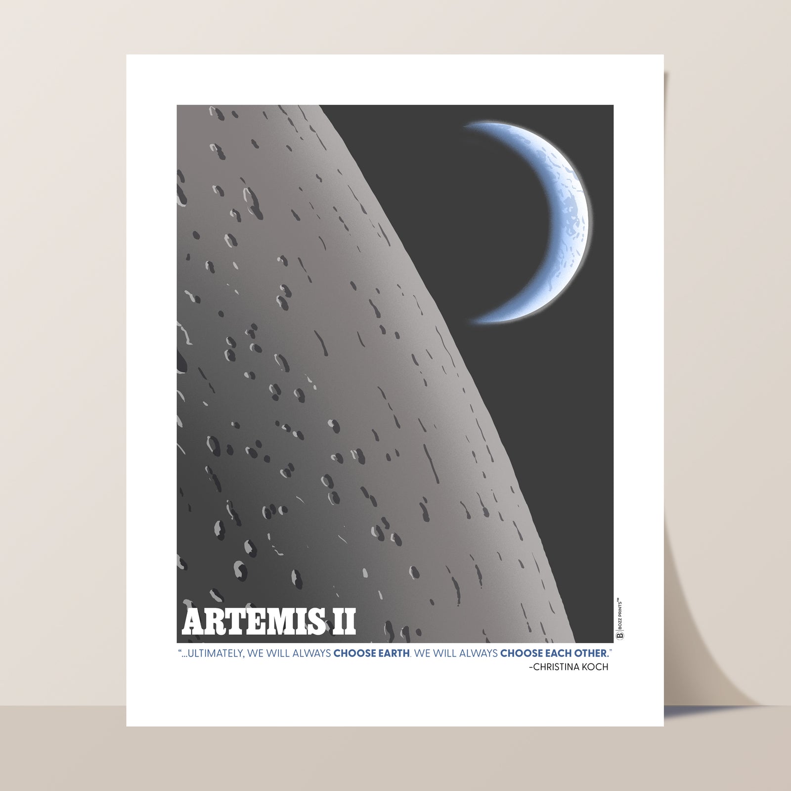Poster of a space scene with Earth in the background, featuring the text 'Artemis II' and a quote.