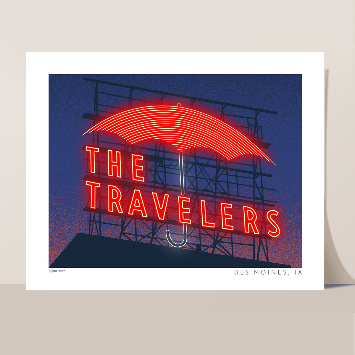 Des Moines Travelers Sign at Night Print