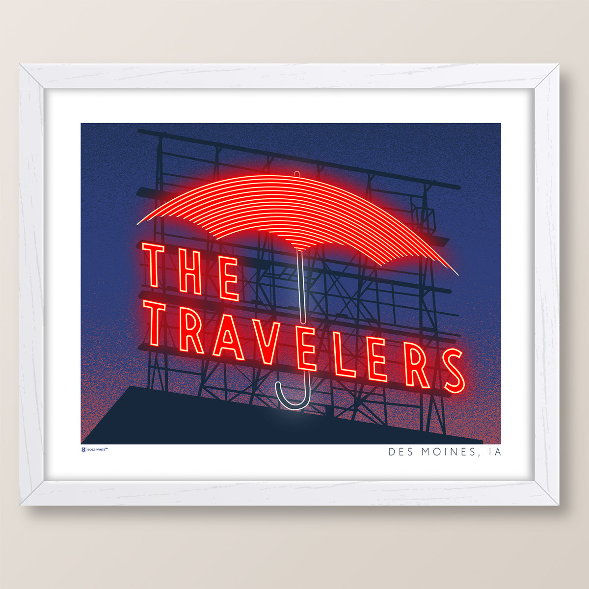 Des Moines Travelers Sign at Night Print