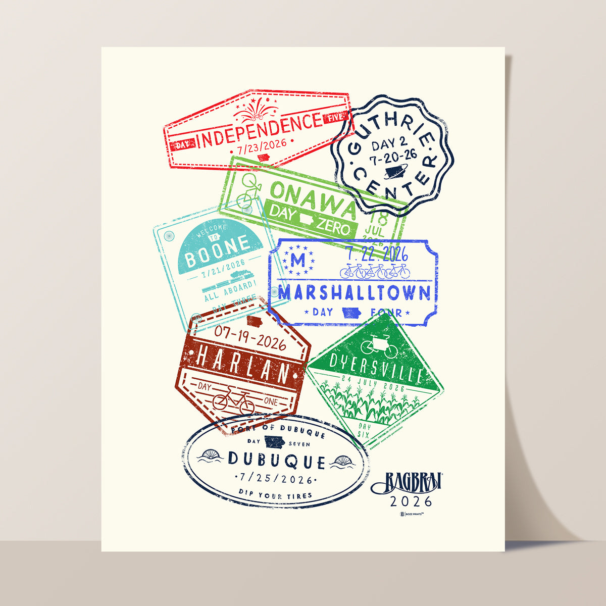 RAGBRAI LIII Town Stamps Print