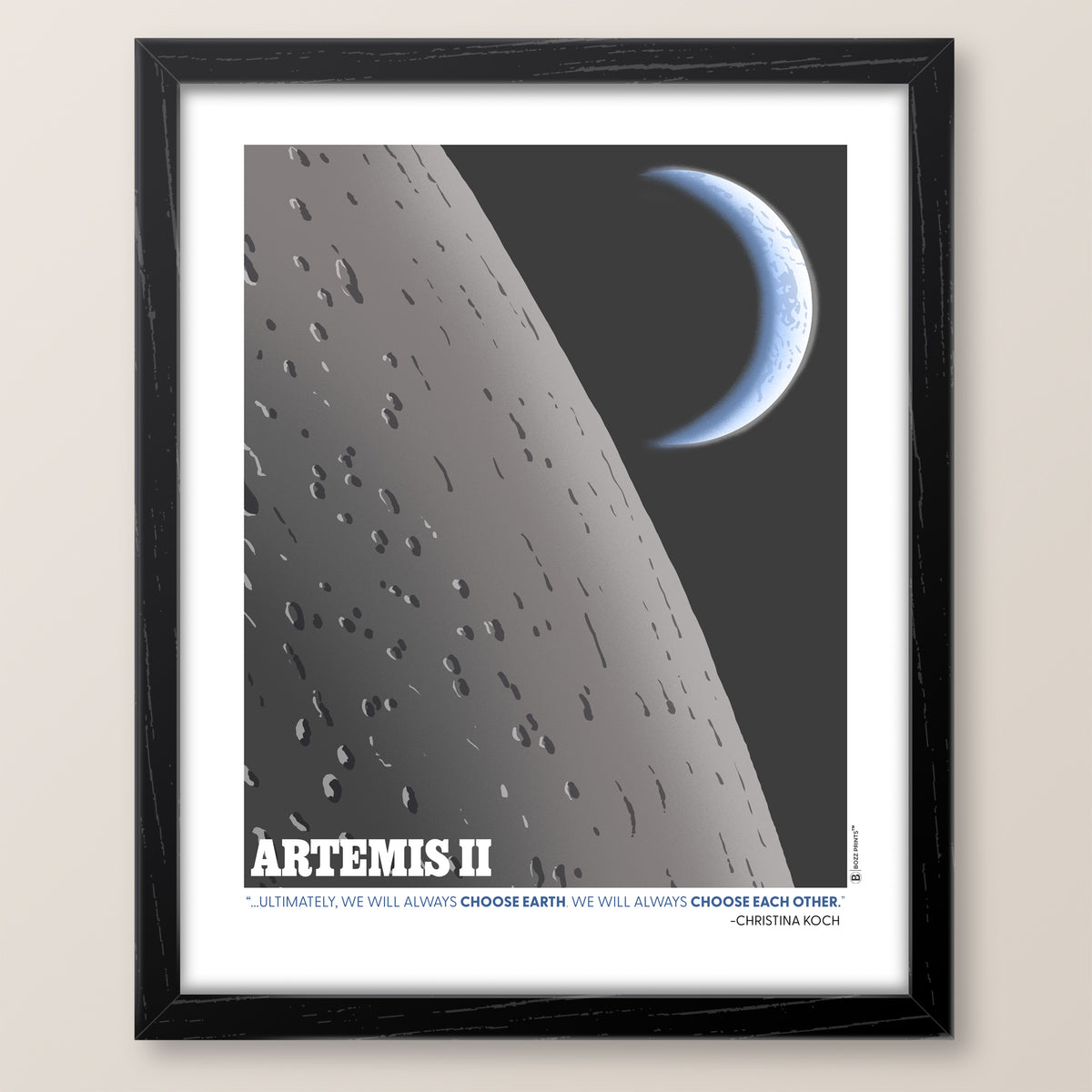 Framed poster of a space-themed artwork with 'Artemis II' text and celestial background.