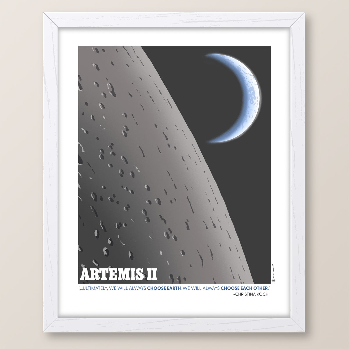 Framed poster of a space scene with 'Artemis II' text on a beige wall.