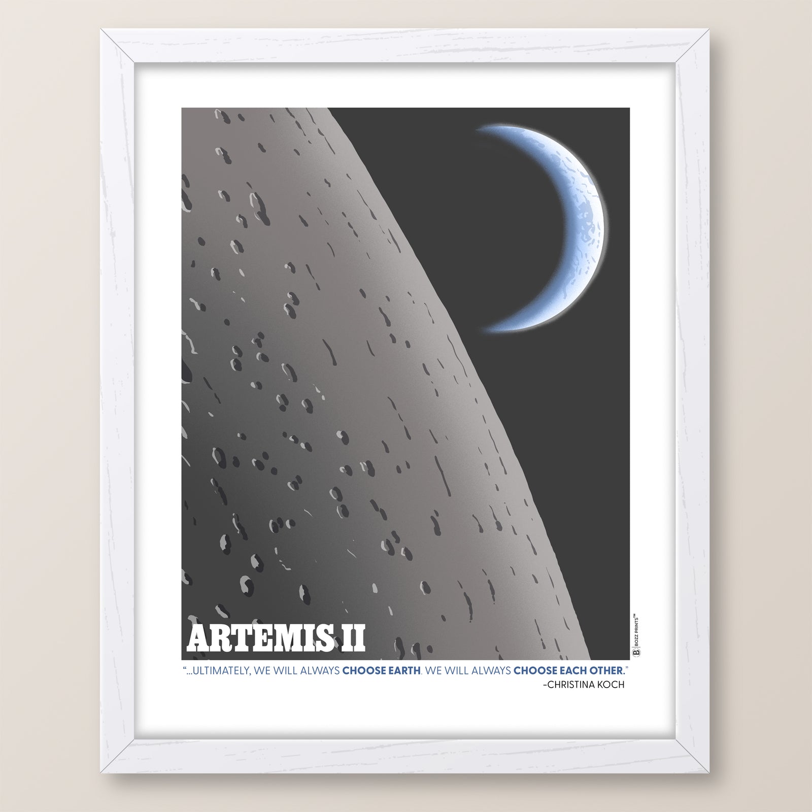 Framed poster of a space scene with 'Artemis II' text on a beige wall.