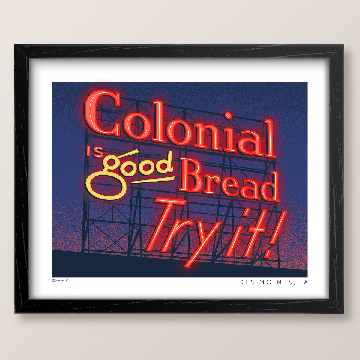 Des Moines Colonial Sign at Night Print