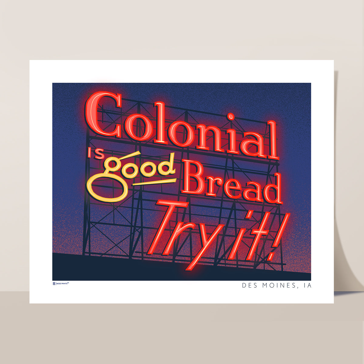 Des Moines Colonial Sign at Night Print