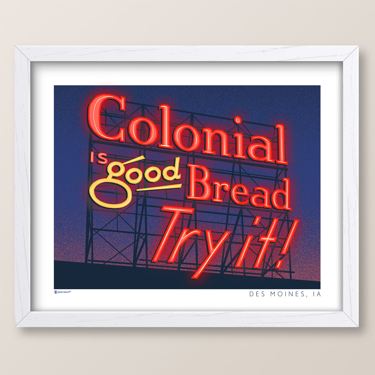 Des Moines Colonial Sign at Night Print