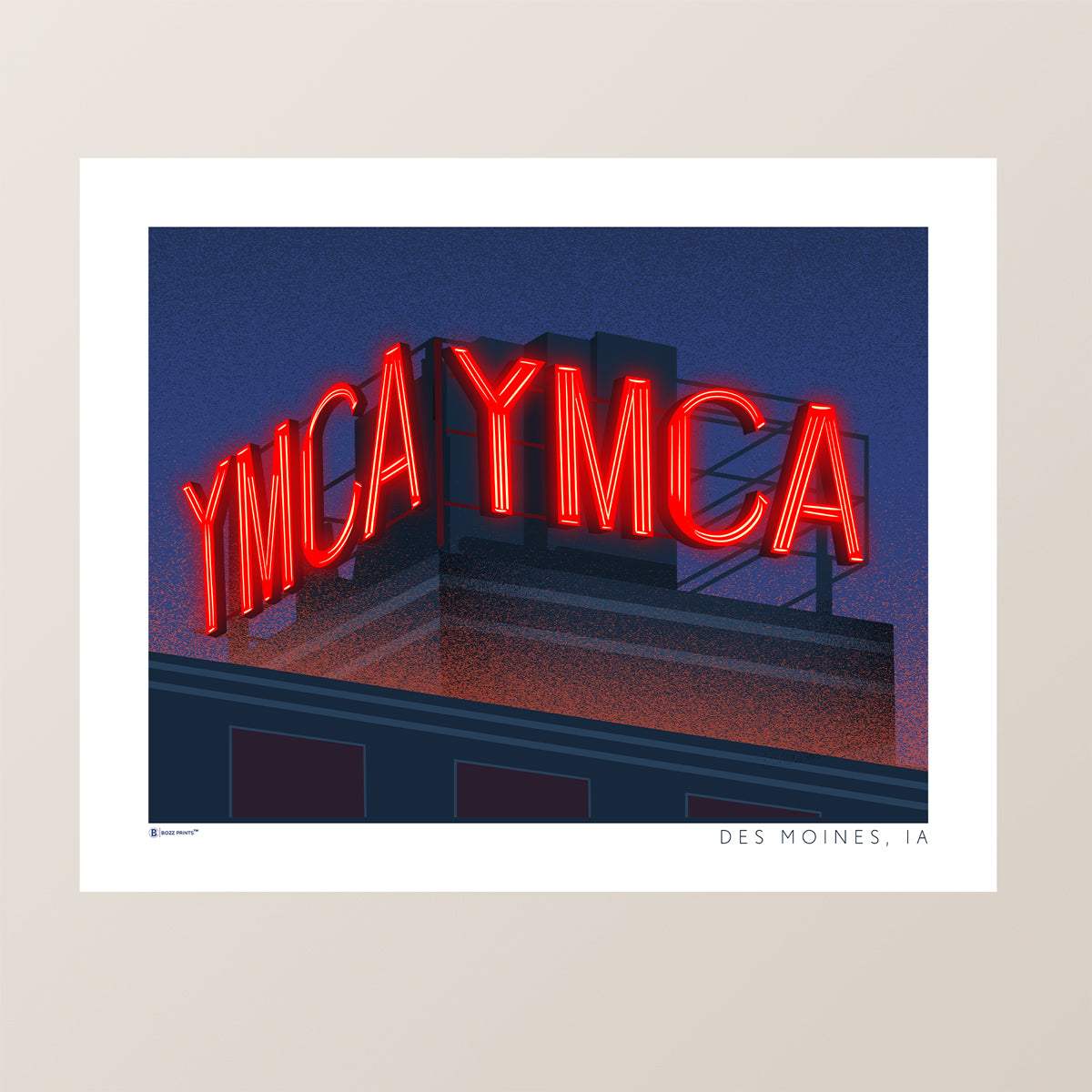 Des Moines YMCA Sign at Night Print