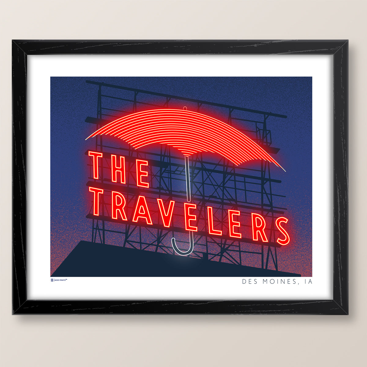 Des Moines Travelers Sign at Night Print