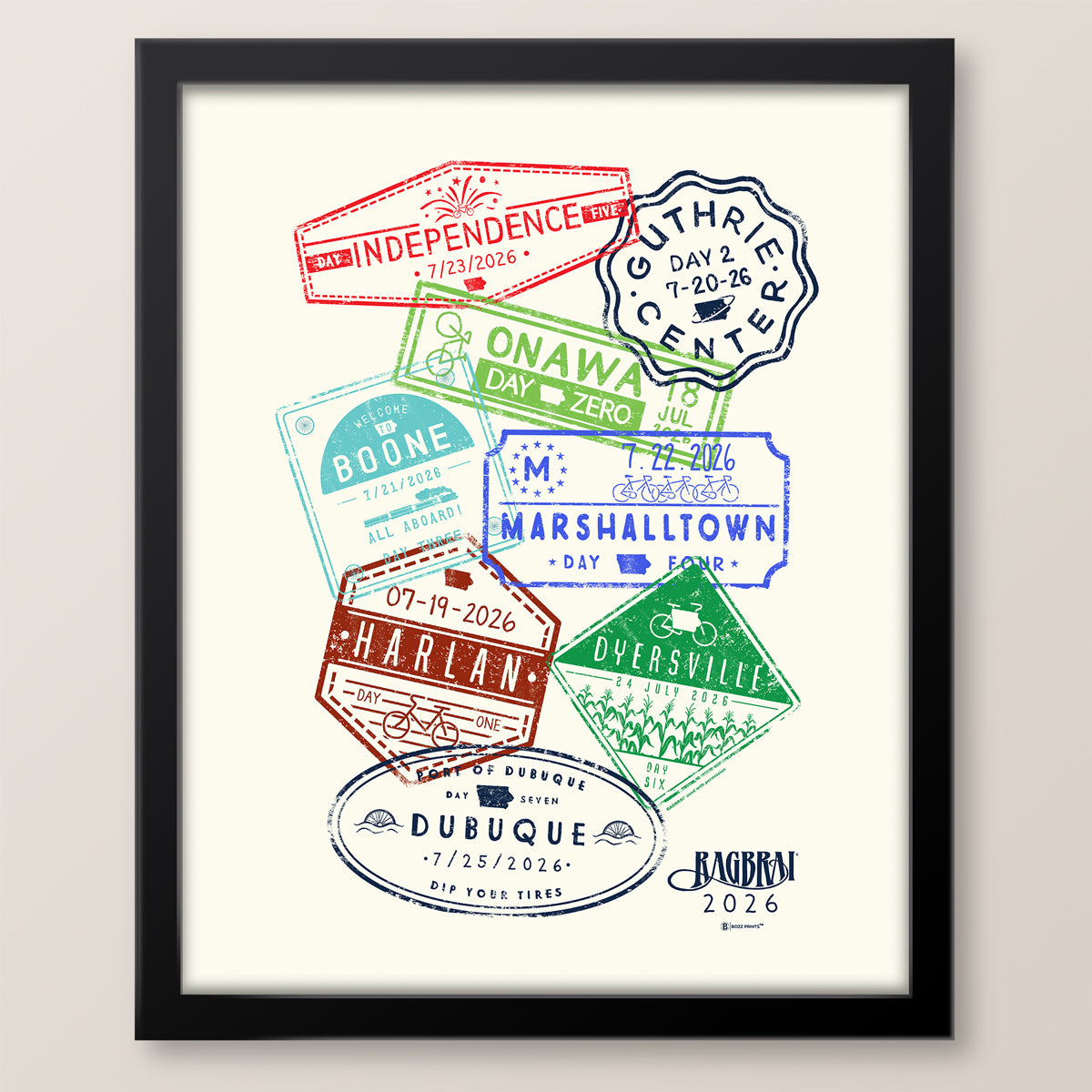 RAGBRAI LIII Town Stamps Print