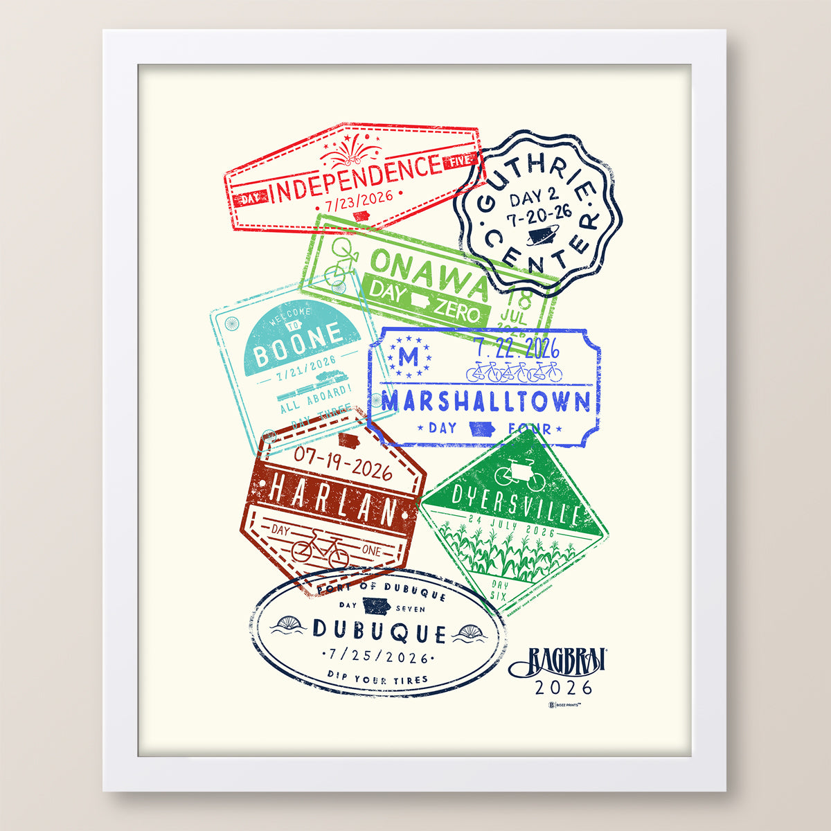 RAGBRAI LIII Town Stamps Print