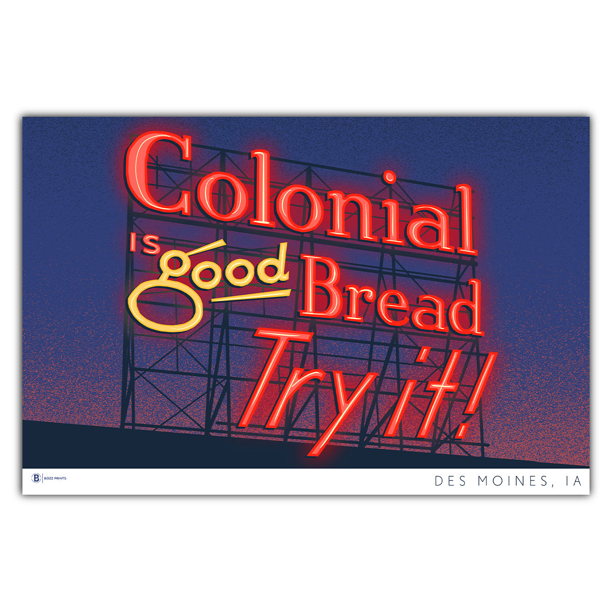 Des Moines Colonial Sign at Night Postcard - Bozz Prints