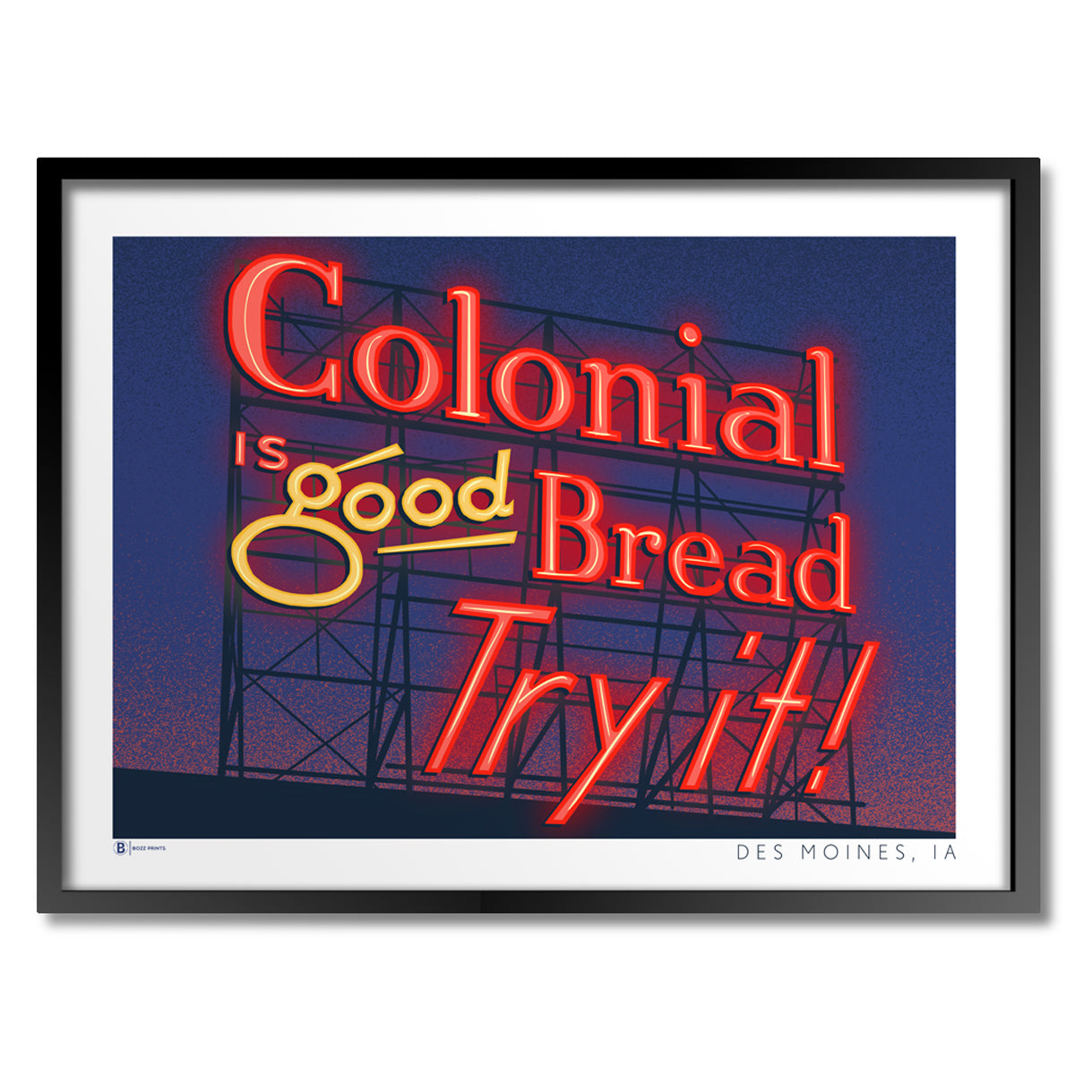 Des Moines Colonial Sign at Night Print - Bozz Prints
