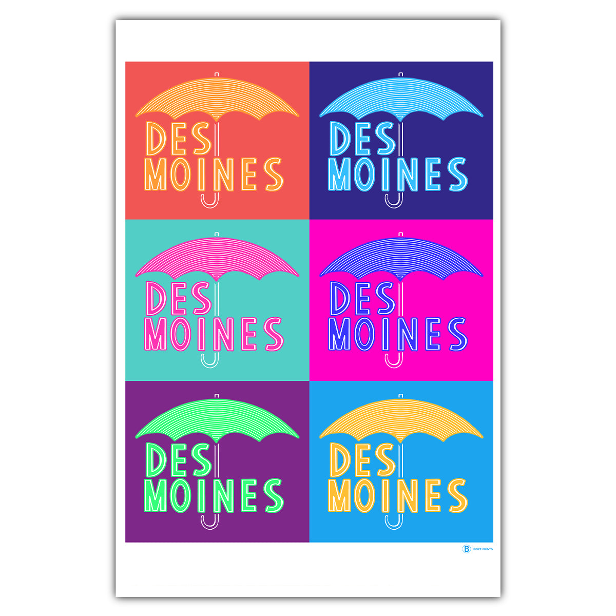 Des Moines Umbrella Pop Art Postcard - Bozz Prints