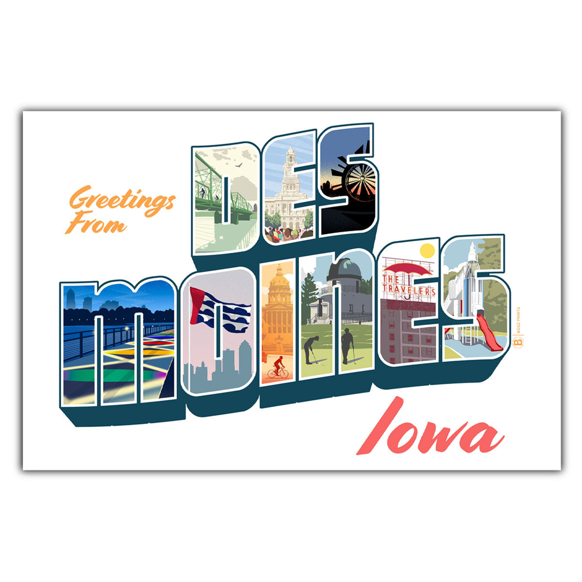 Greetings from Des Moines Postcard - Bozz Prints