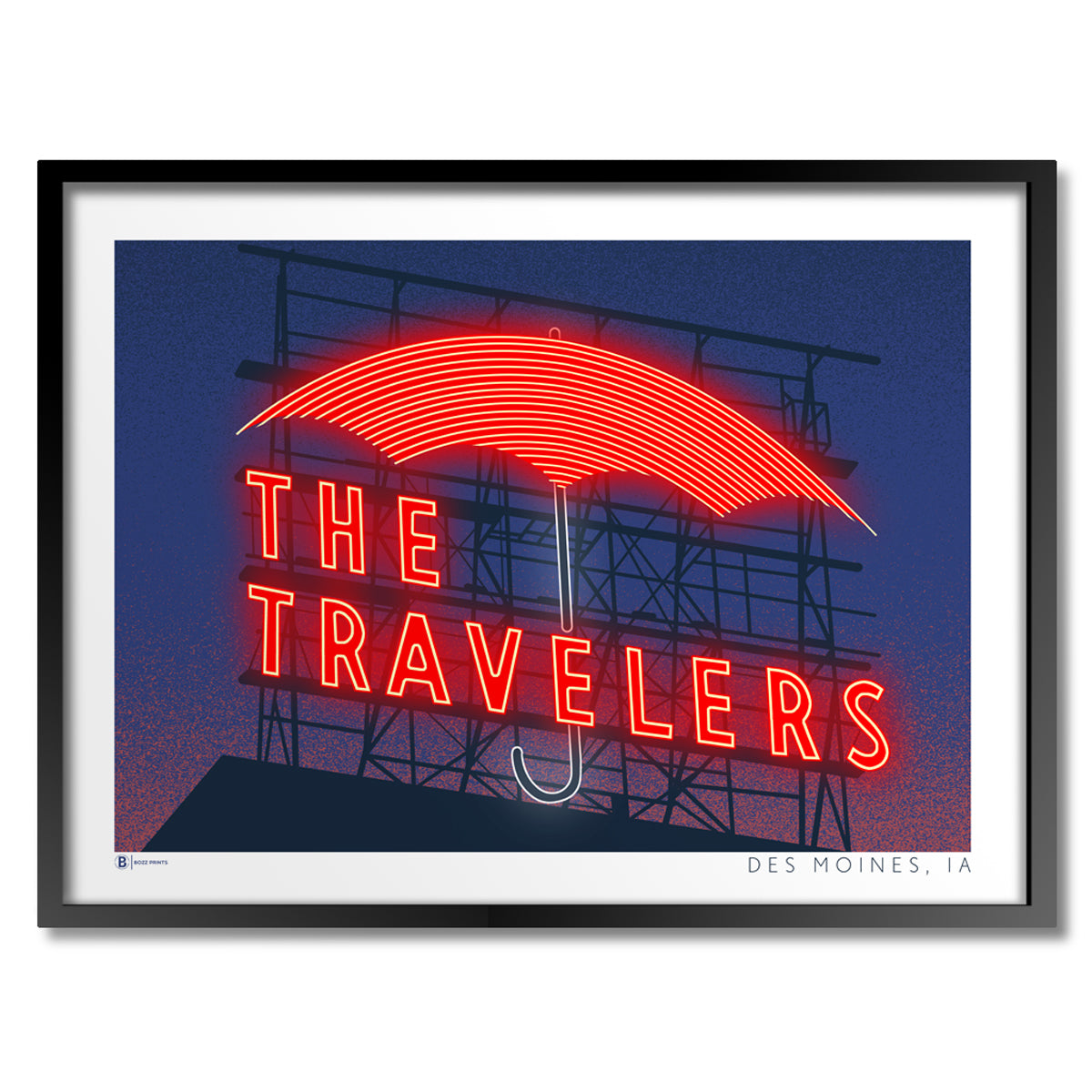 Des Moines Travelers Sign at Night Print - Bozz Prints